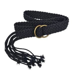 BLACK BRAIDED DOUBLE‑RING BUCKLE BELT – 43" LENGTH – 1.25" WIDTH – TASSEL ENDS